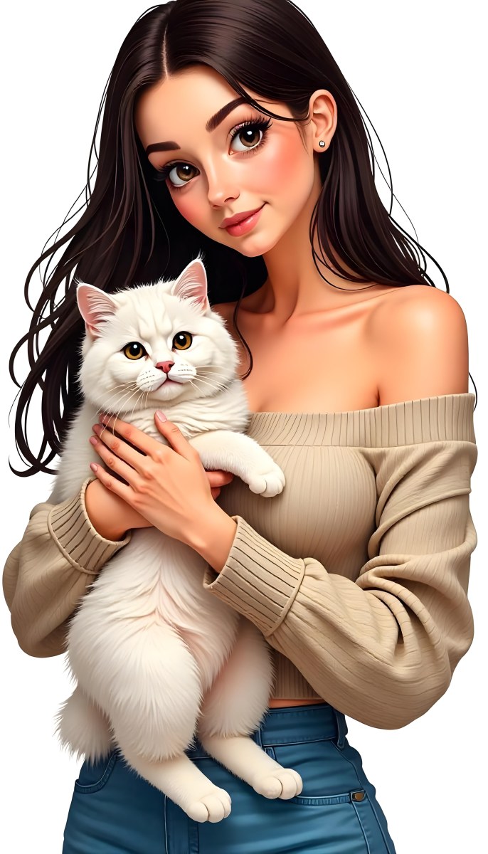 A Caucasian Woman 22 Years Old With Long White Hair Holding A Fluffy Cat With Brown Eyes Wearing A Beige Sweater White Background 14 9d53
