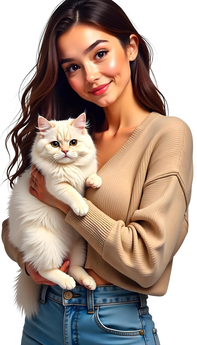 A Caucasian Woman 22 Years Old With Long White Hair Holding A Fluffy Cat With Brown Eyes Wearing A Beige Sweater White Background 15 2a7e