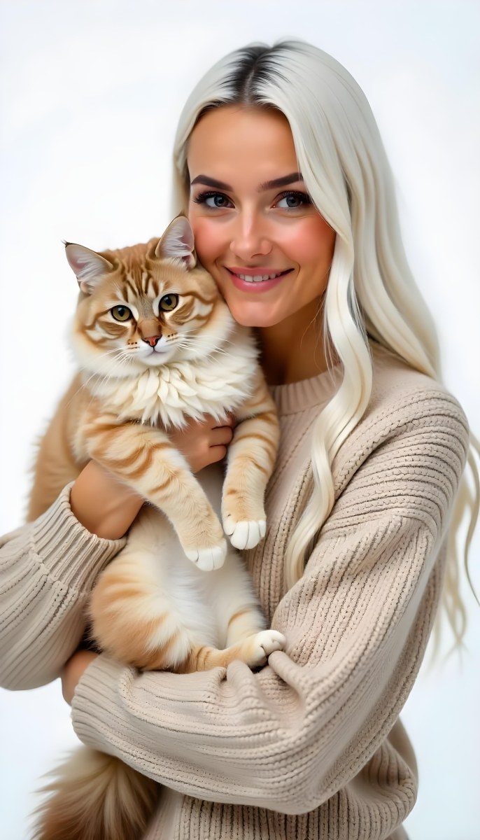 A Caucasian Woman 22 Years Old With Long White Hair Holding A Fluffy Cat With Brown Eyes Wearing A Beige Sweater White Background 19 8928