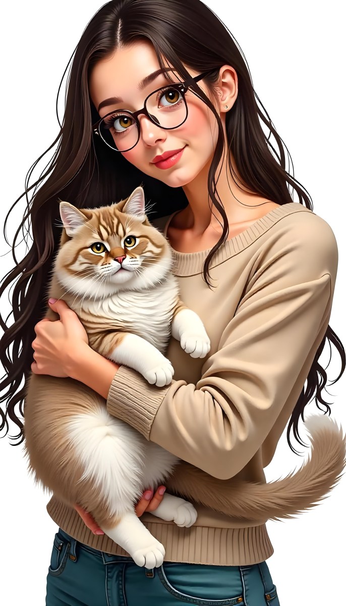 A Caucasian Woman 22 Years Old With Long White Hair Holding A Fluffy Cat With Brown Eyes Wearing A Beige Sweater White Background 2 0792