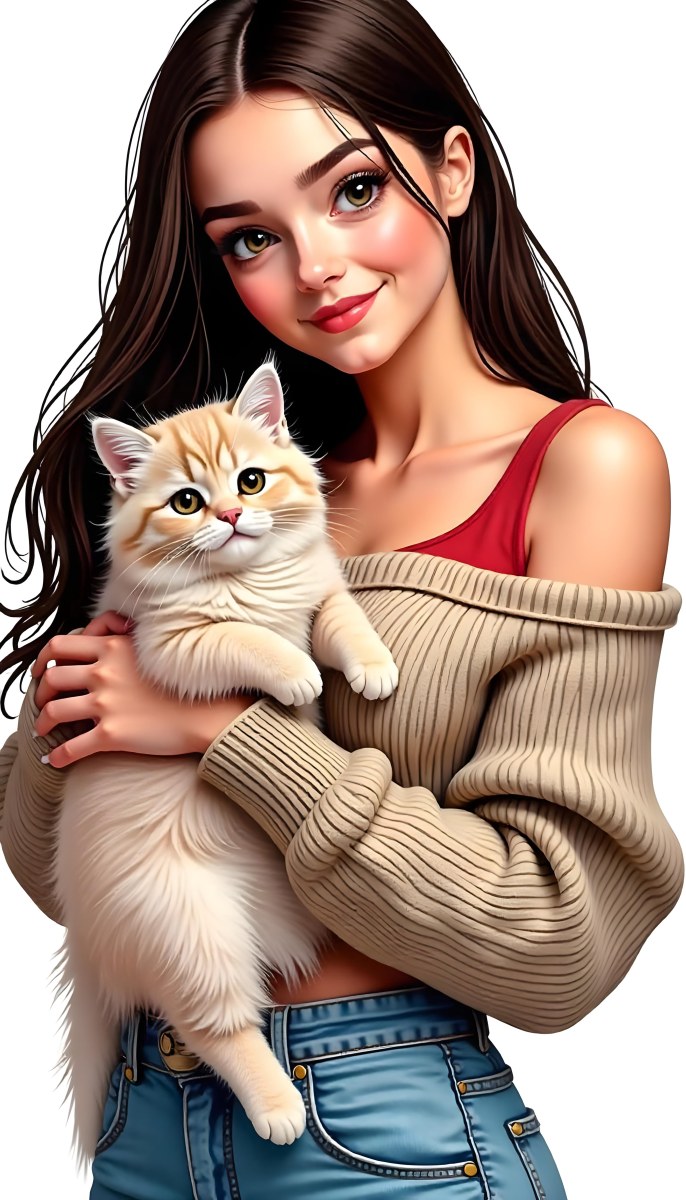 A Caucasian Woman 22 Years Old With Long White Hair Holding A Fluffy Cat With Brown Eyes Wearing A Beige Sweater White Background 21 78fd