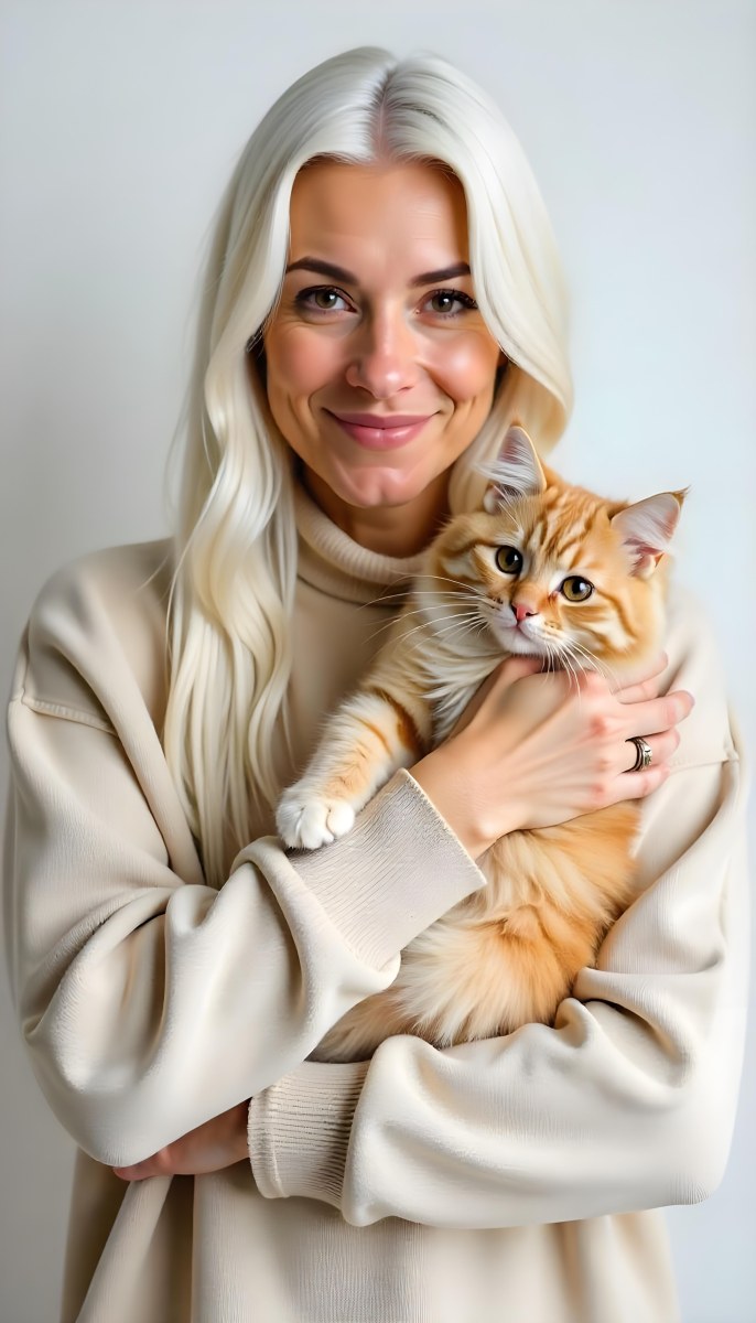 A Caucasian Woman 22 Years Old With Long White Hair Holding A Fluffy Cat With Brown Eyes Wearing A Beige Sweater White Background 3 6ea1