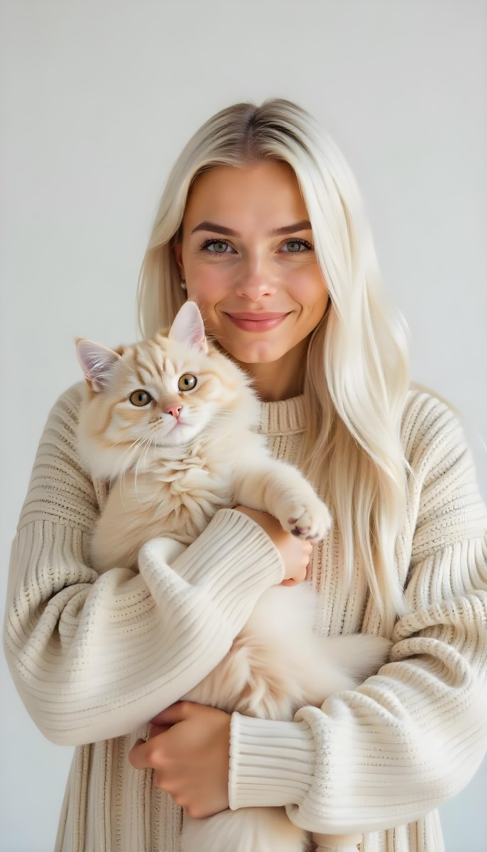 A Caucasian Woman 22 Years Old With Long White Hair Holding A Fluffy Cat With Brown Eyes Wearing A Beige Sweater White Background 4 09b5