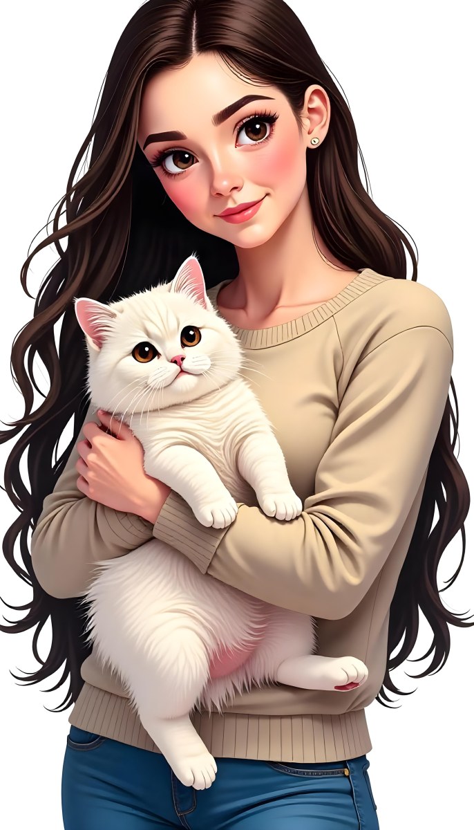 A Caucasian Woman 22 Years Old With Long White Hair Holding A Fluffy Cat With Brown Eyes Wearing A Beige Sweater White Background 5 A261