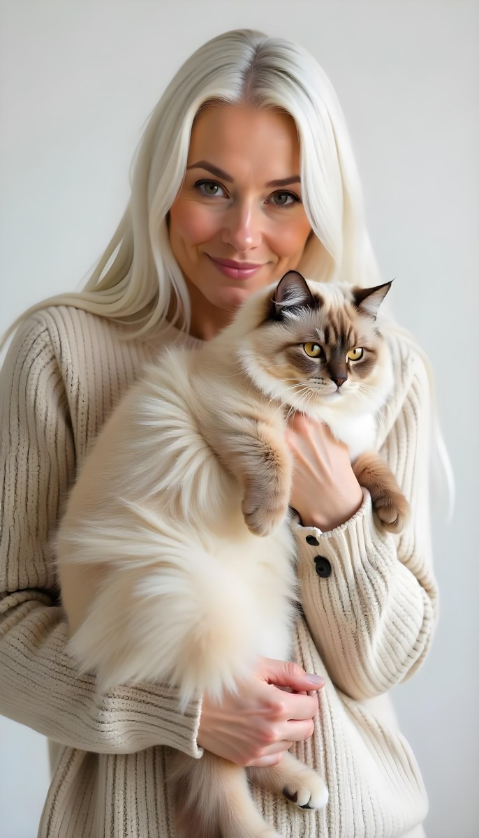 A Caucasian Woman 22 Years Old With Long White Hair Holding A Fluffy Cat With Brown Eyes Wearing A Beige Sweater White Background 6 8ff6