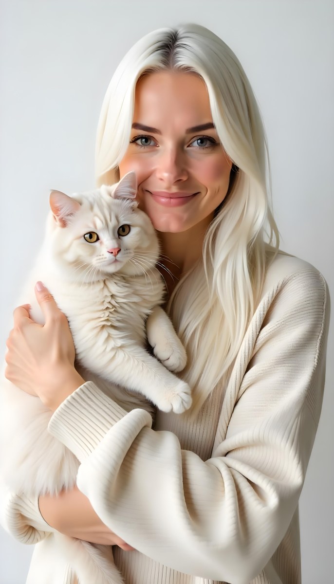 A Caucasian Woman 22 Years Old With Long White Hair Holding A Fluffy Cat With Brown Eyes Wearing A Beige Sweater White Background 7 6197