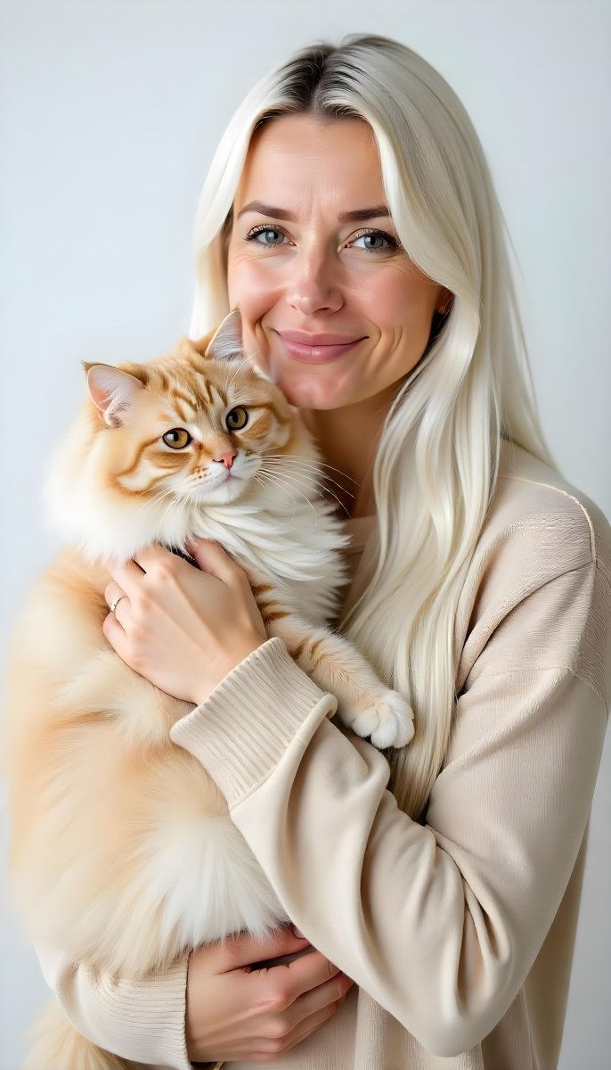 A Caucasian Woman 22 Years Old With Long White Hair Holding A Fluffy Cat With Brown Eyes Wearing A Beige Sweater White Background 8 21eb