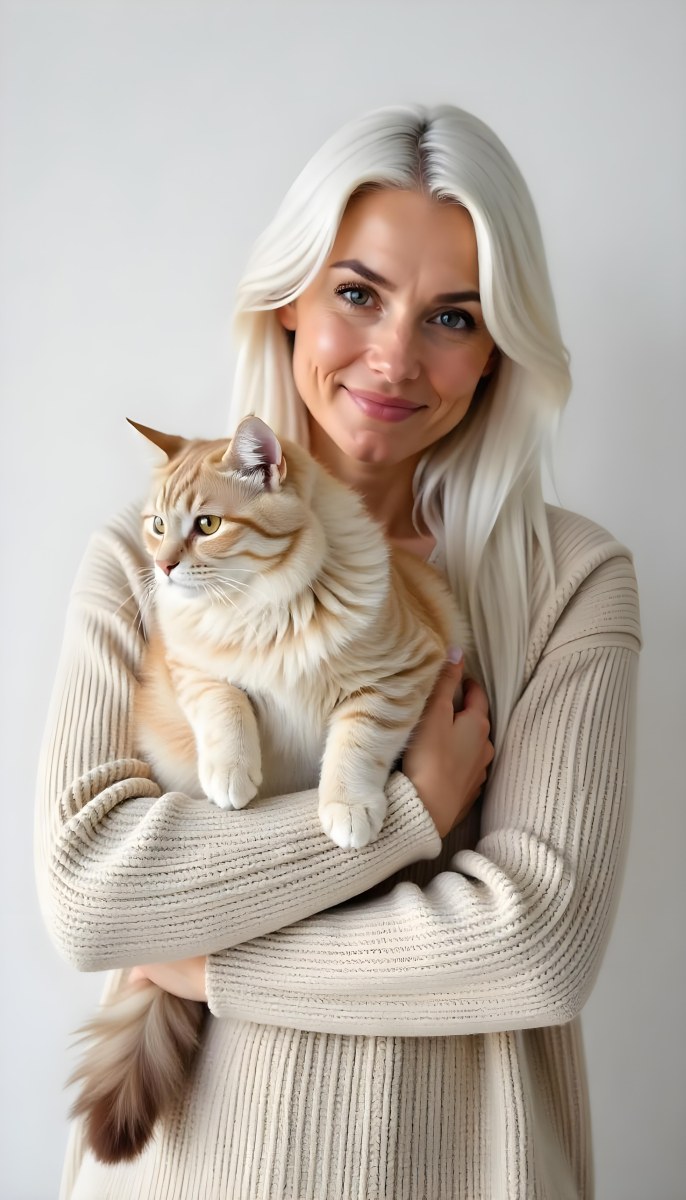 A Caucasian Woman 22 Years Old With Long White Hair Holding A Fluffy Cat With Brown Eyes Wearing A Beige Sweater White Background 9 9dcf