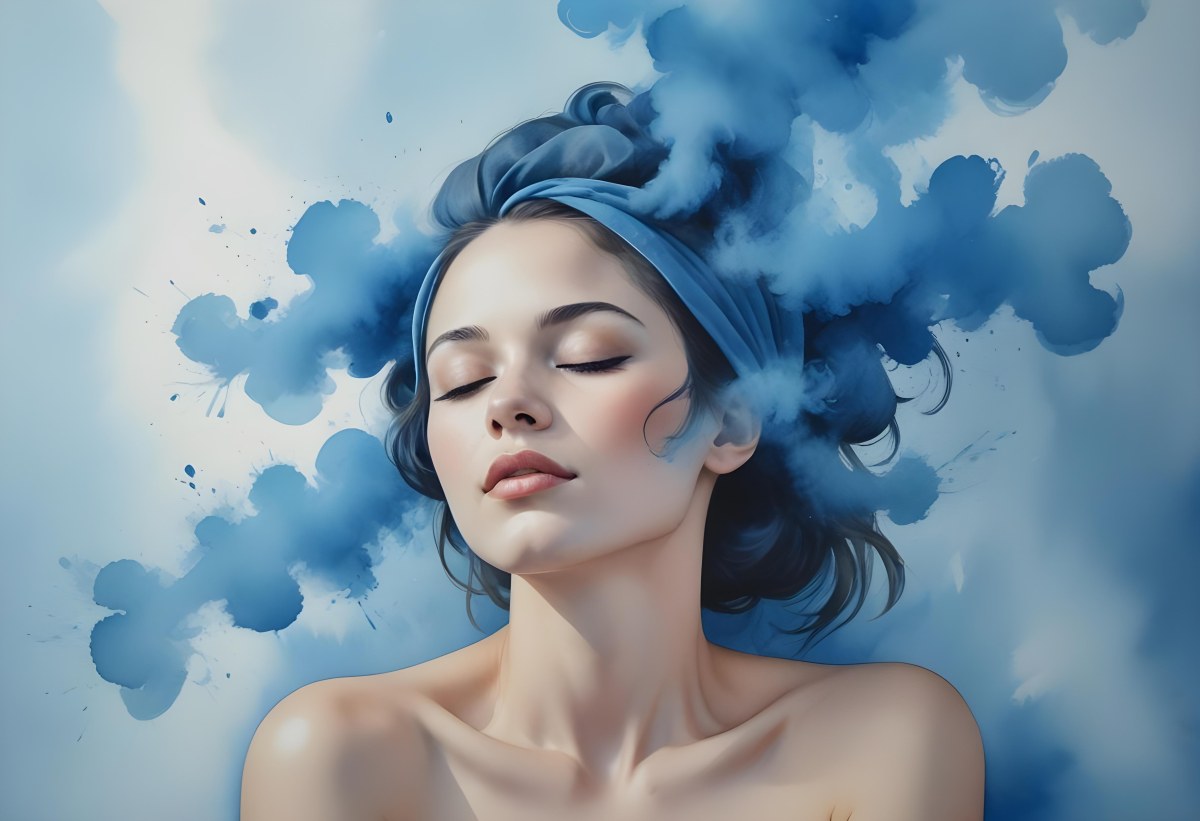 A Caucasian Woman 25 Years Old Light Skin Closed Eyes With Blue Smoke Around Her Head Blue Background 77 E9a3