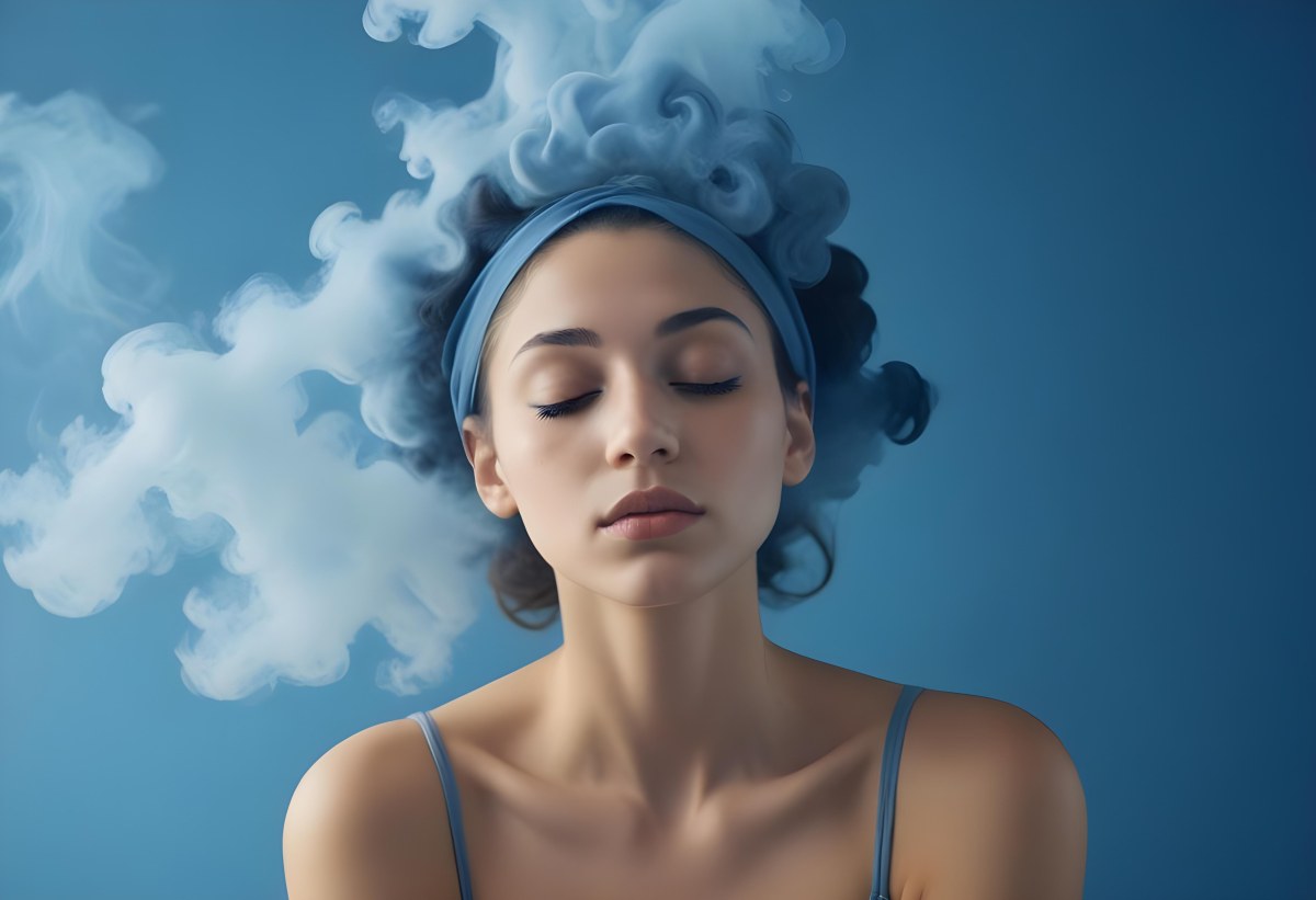 A Caucasian Woman 25 Years Old Light Skin Closed Eyes With Blue Smoke Around Her Head Blue Background 78 5581