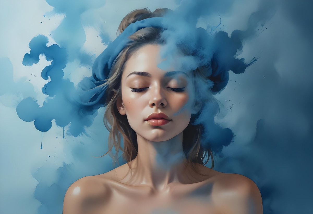 A Caucasian Woman 25 Years Old Light Skin Closed Eyes With Blue Smoke Around Her Head Blue Background 79 631f