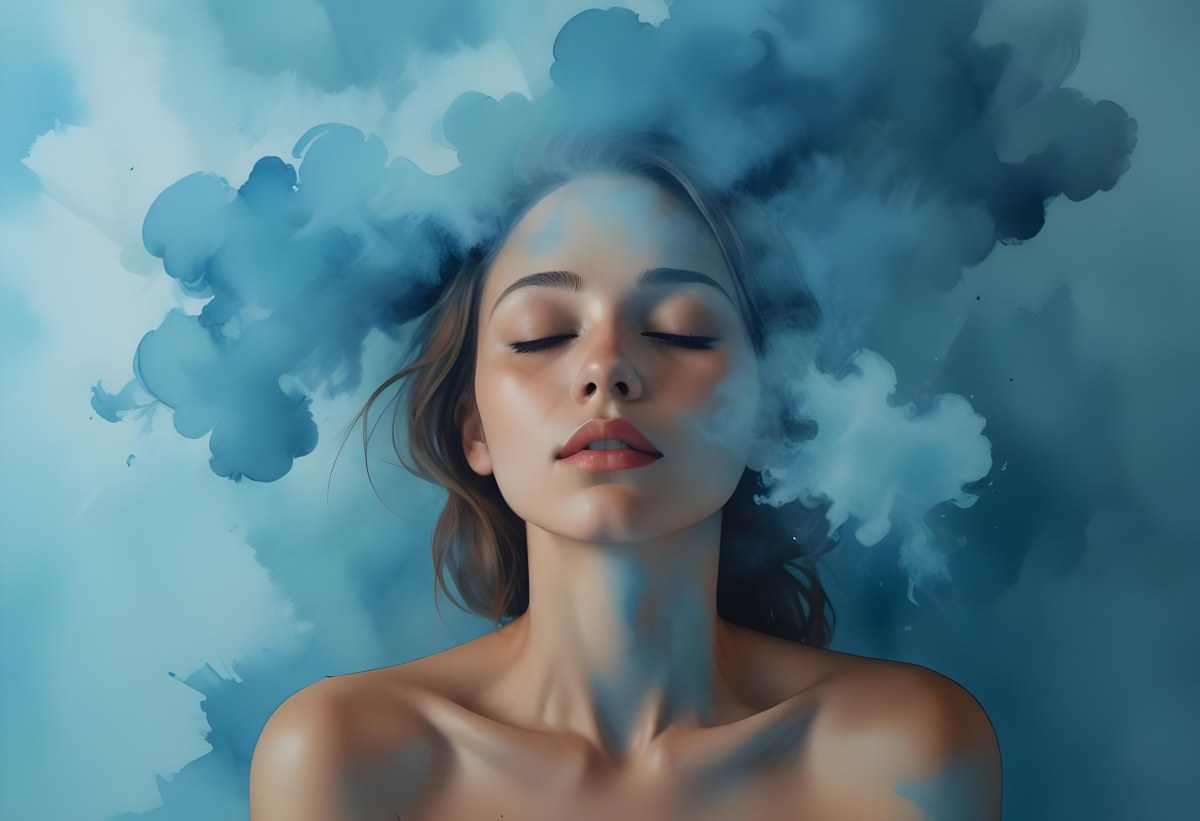 A Caucasian Woman 25 Years Old Light Skin Closed Eyes With Blue Smoke Around Her Head Blue Background 9 18dc