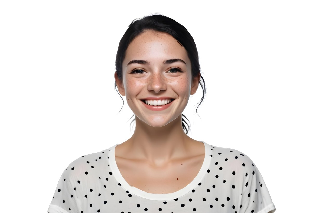A Caucasian Woman 28 Years Old With Freckles And Black Hair Smiling And Wearing A White Shirt With Black Dots In A Black Background 55 E340