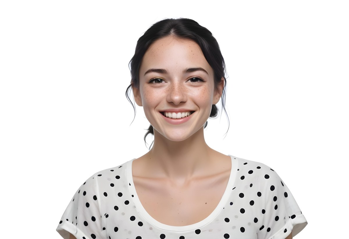 A Caucasian Woman 28 Years Old With Freckles And Black Hair Smiling And Wearing A White Shirt With Black Dots In A Black Background 6 4331