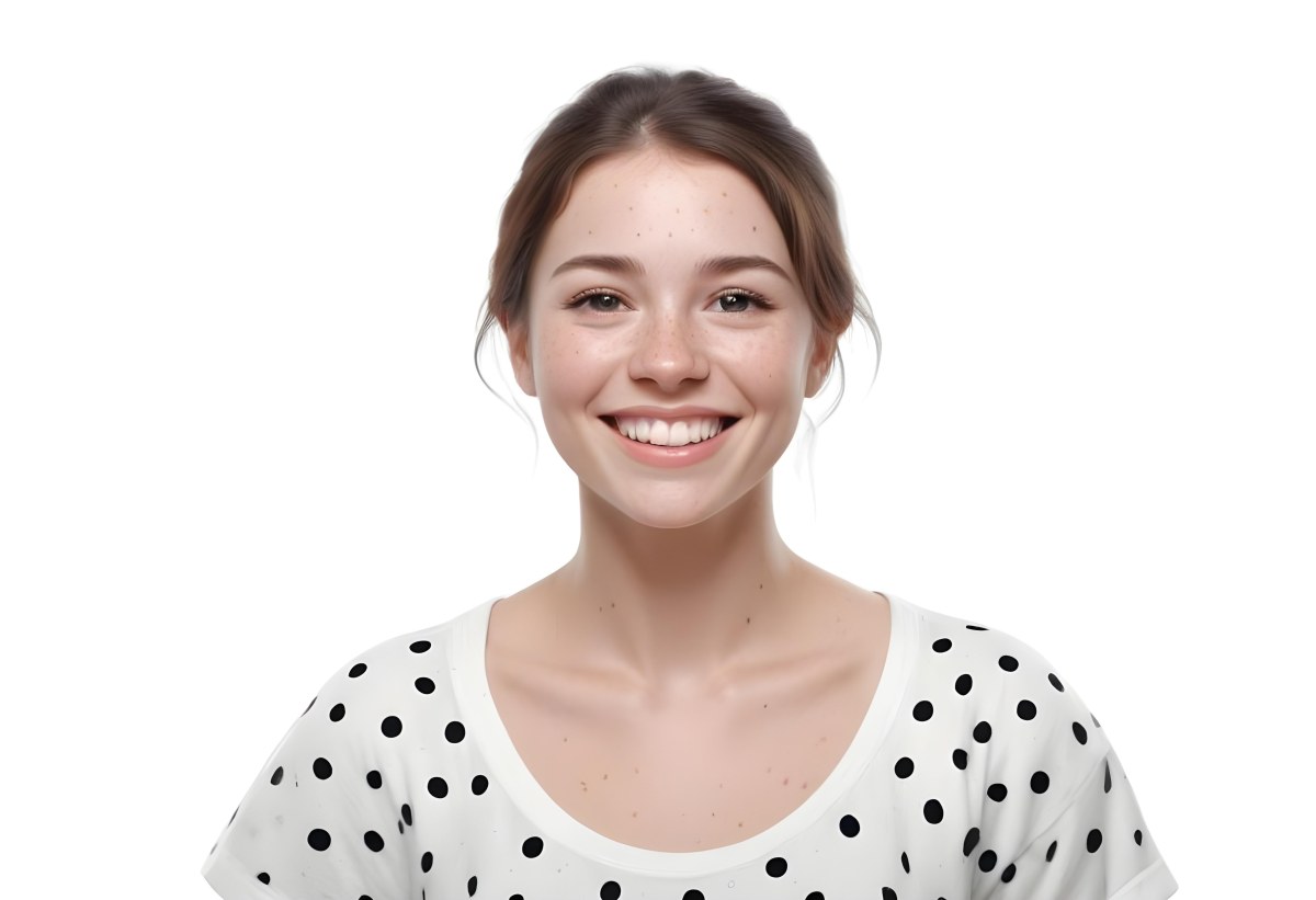 A Caucasian Woman 28 Years Old With Freckles And Black Hair Smiling And Wearing A White Shirt With Black Dots In A Black Background 7 Acb1