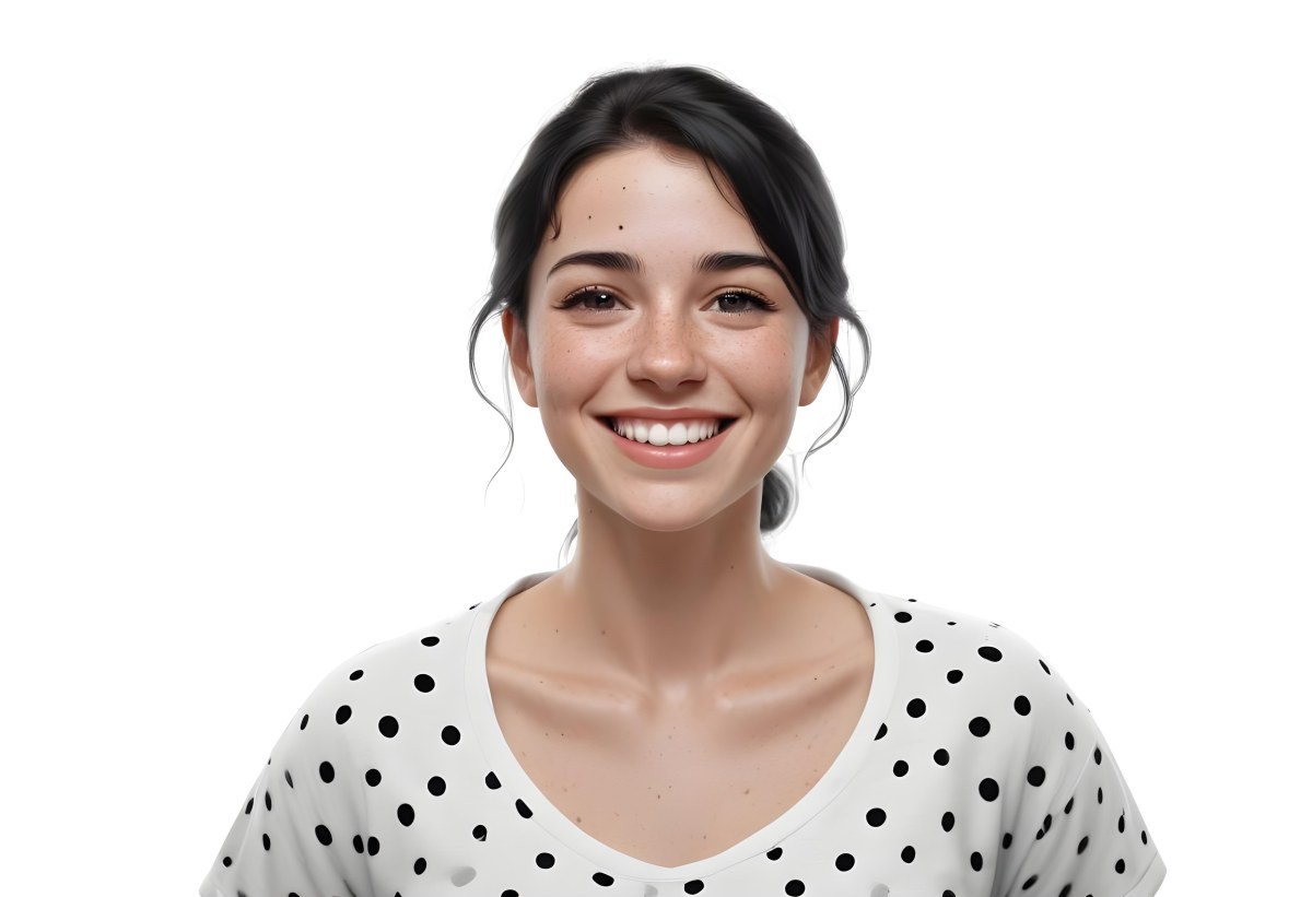 A Caucasian Woman 28 Years Old With Freckles And Black Hair Smiling And Wearing A White Shirt With Black Dots In A Black Background 9 2015