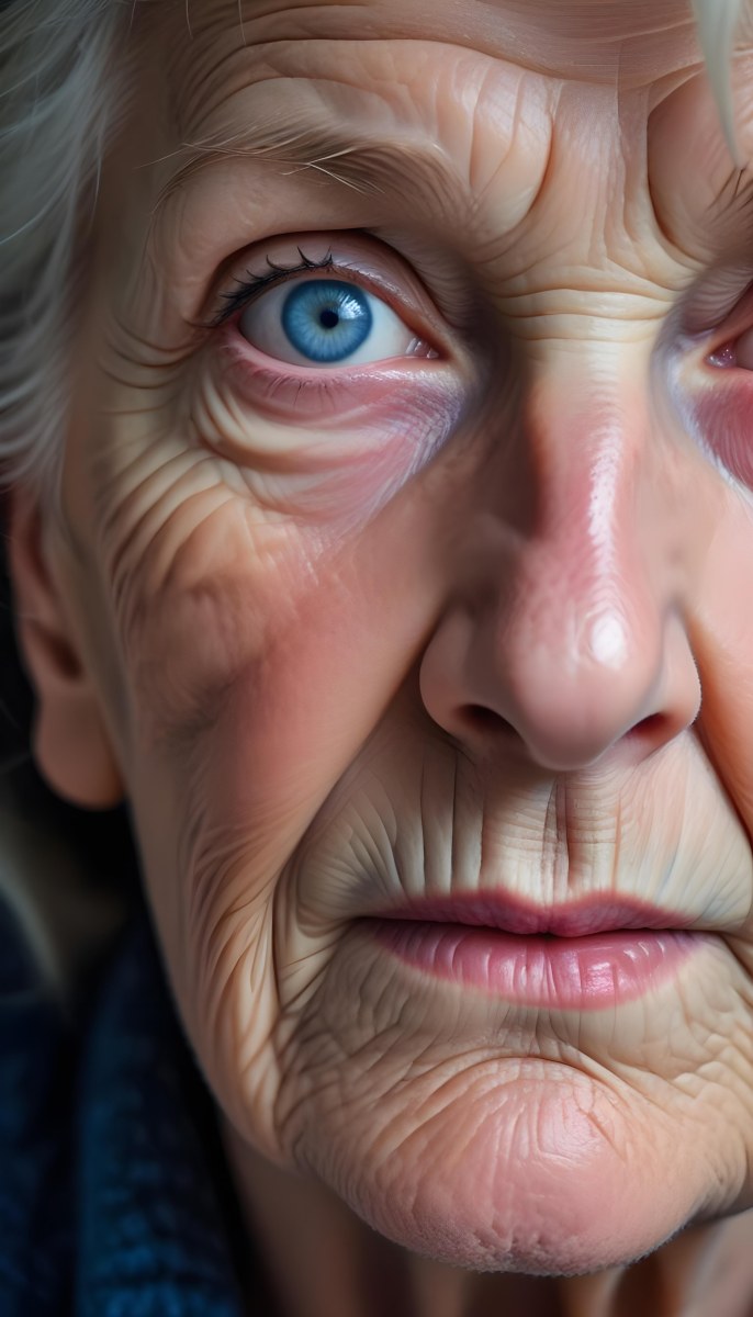 A Close Up Of A 80 Year Old White Woman With Blue Eyes Showing Deep Wrinkles And Skin Texture With A Dark Background 2 A21c