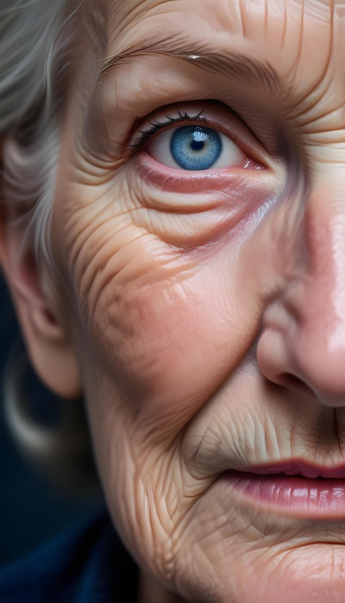 A Close Up Of A 80 Year Old White Woman With Blue Eyes Showing Deep Wrinkles And Skin Texture With A Dark Background 29 16d7