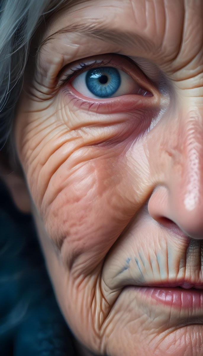 A Close Up Of A 80 Year Old White Woman With Blue Eyes Showing Deep Wrinkles And Skin Texture With A Dark Background 35 Ef64