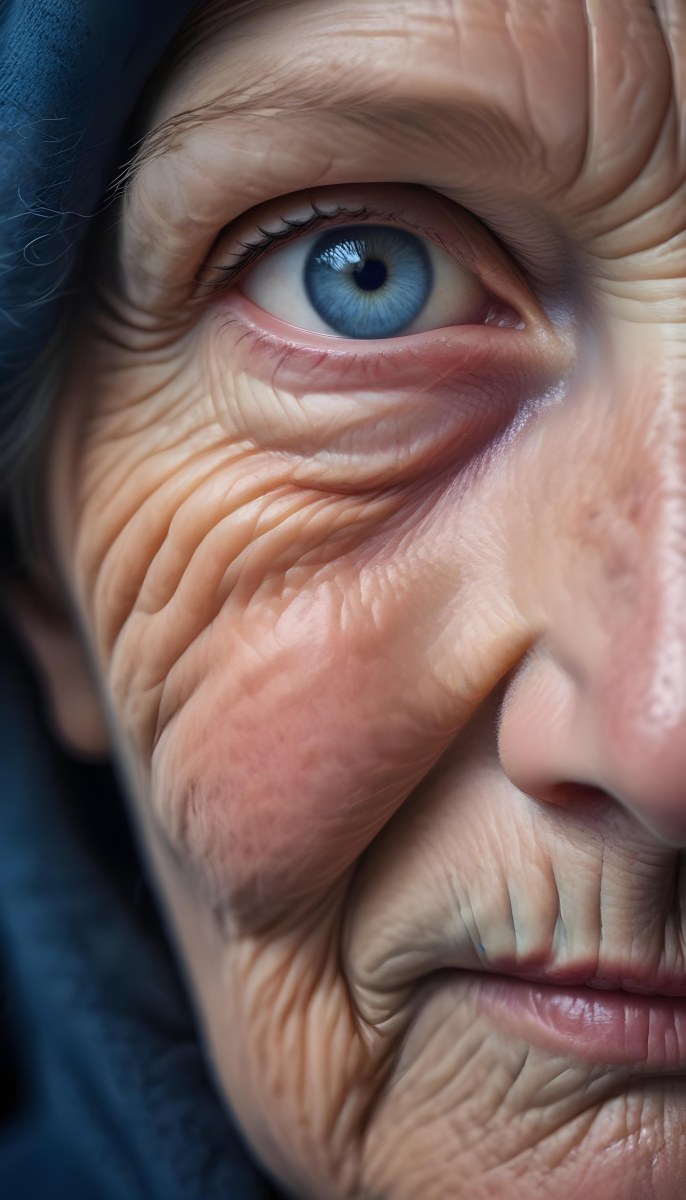 A Close Up Of A 80 Year Old White Woman With Blue Eyes Showing Deep Wrinkles And Skin Texture With A Dark Background 36 1a7c