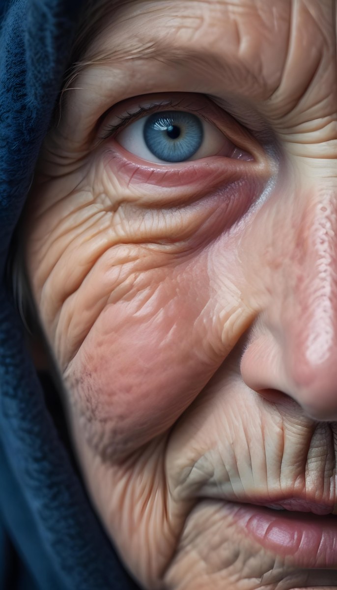 A Close Up Of A 80 Year Old White Woman With Blue Eyes Showing Deep Wrinkles And Skin Texture With A Dark Background 37 64dd