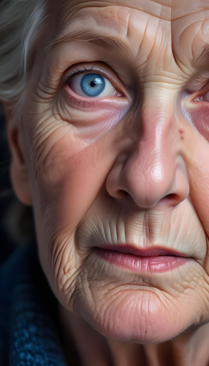 A Close Up Of A 80 Year Old White Woman With Blue Eyes Showing Deep Wrinkles And Skin Texture With A Dark Background 38 5deb