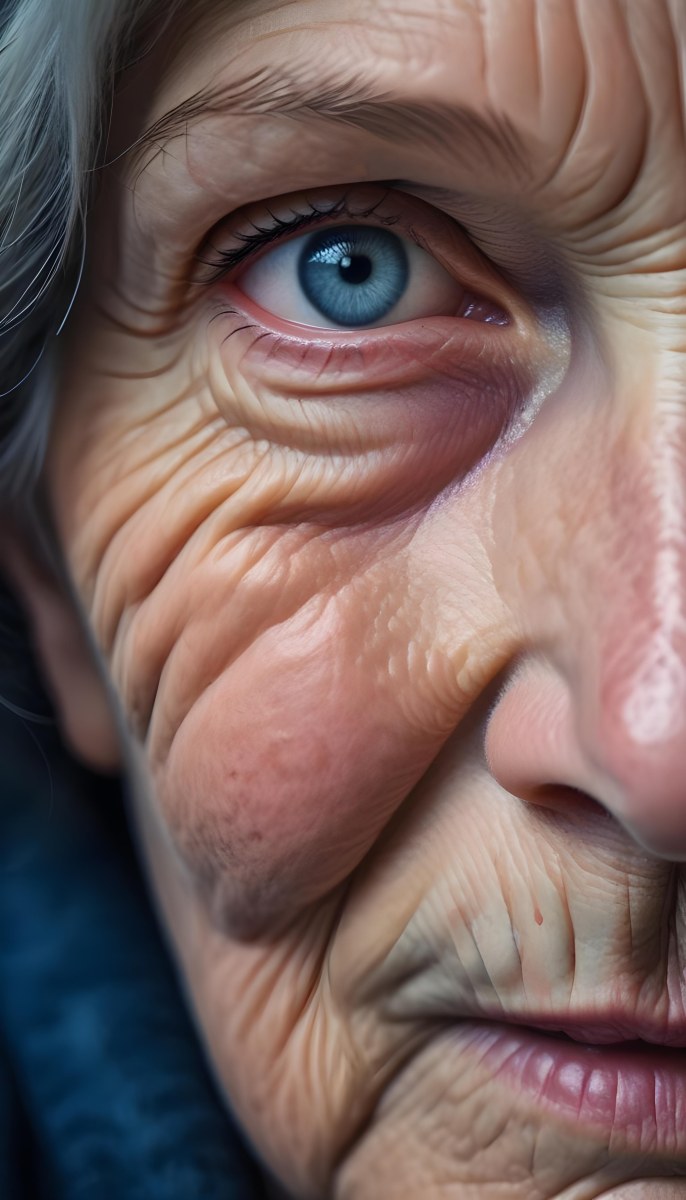 A Close Up Of A 80 Year Old White Woman With Blue Eyes Showing Deep Wrinkles And Skin Texture With A Dark Background 5 A812