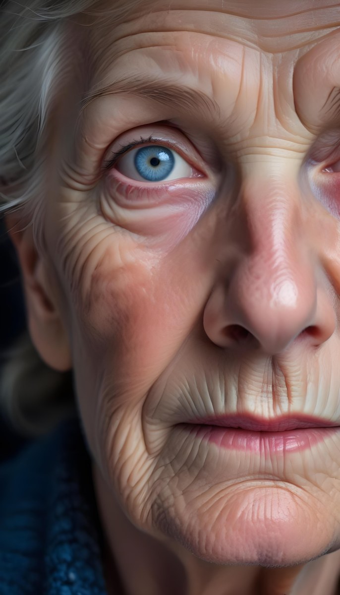 A Close Up Of A 80 Year Old White Woman With Blue Eyes Showing Deep Wrinkles And Skin Texture With A Dark Background 6 77a0