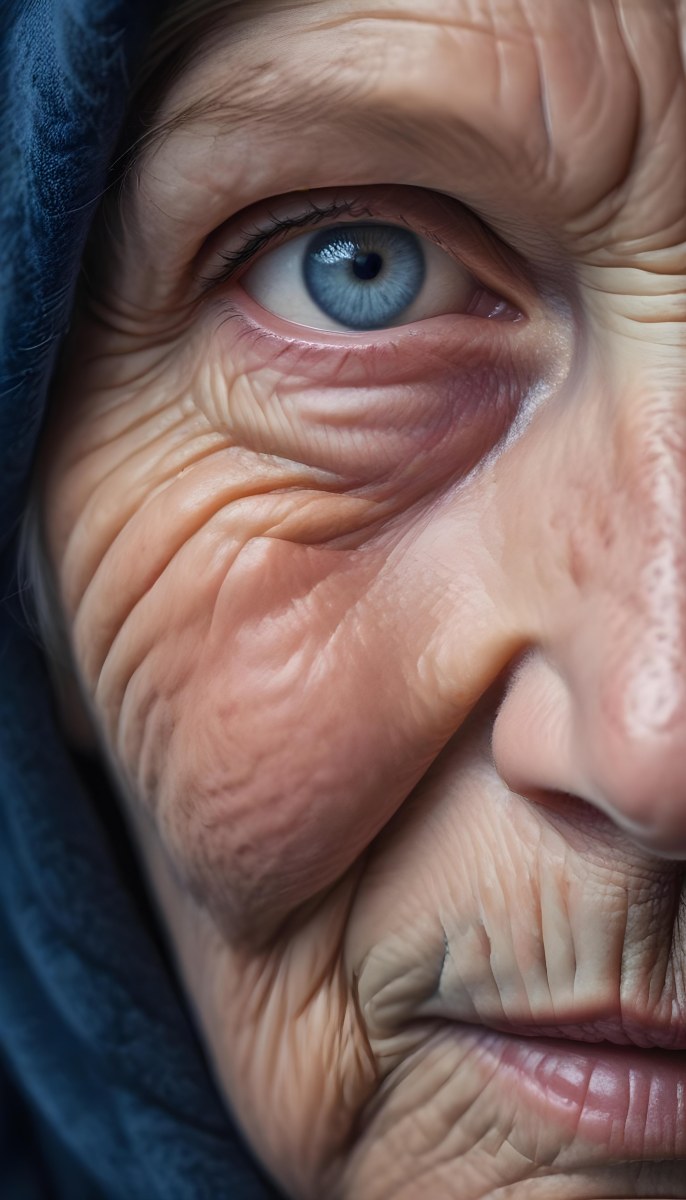 A Close Up Of A 80 Year Old White Woman With Blue Eyes Showing Deep Wrinkles And Skin Texture With A Dark Background 7 08cb