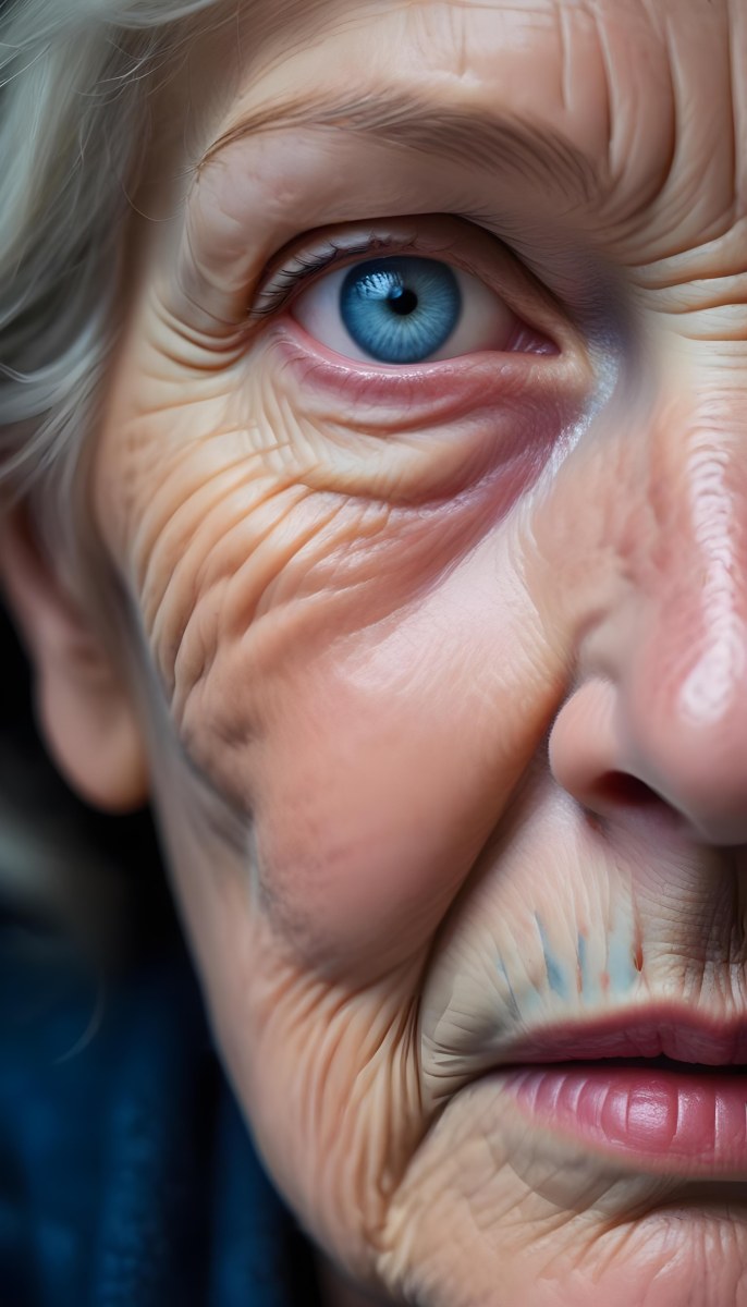 A Close Up Of A 80 Year Old White Woman With Blue Eyes Showing Deep Wrinkles And Skin Texture With A Dark Background 8 Ecc4