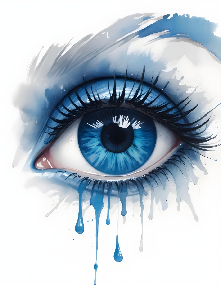 A Close Up Of A Blue Eye With Blue Eyeshadow And Long Lashes With Blue Watercolor Drips Running Down The Face On A White Background 14 3d3d