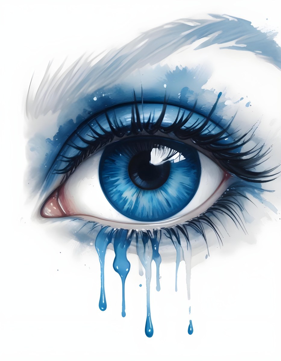 A Close Up Of A Blue Eye With Blue Eyeshadow And Long Lashes With Blue Watercolor Drips Running Down The Face On A White Background 21 9316
