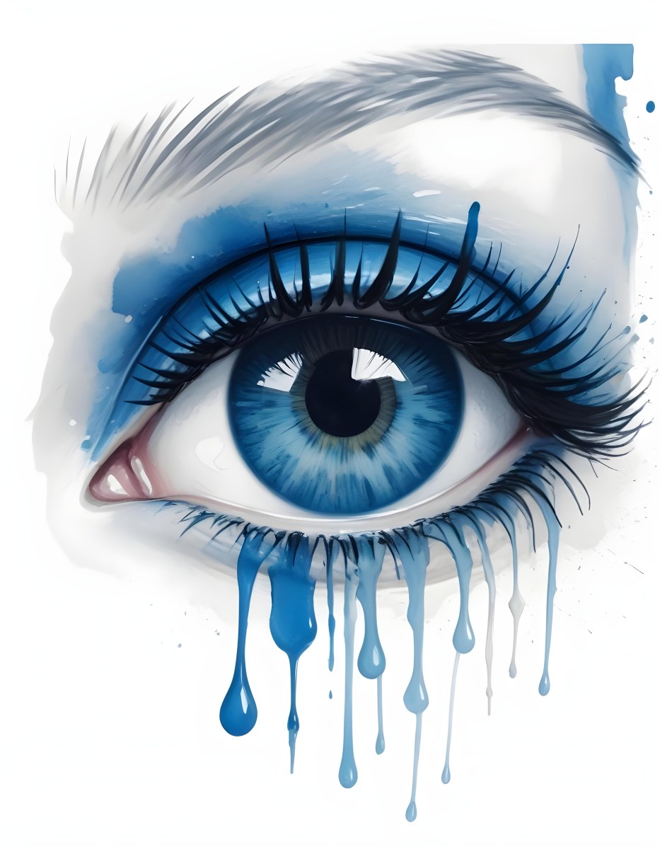 A Close Up Of A Blue Eye With Blue Eyeshadow And Long Lashes With Blue Watercolor Drips Running Down The Face On A White Background 22 2eef