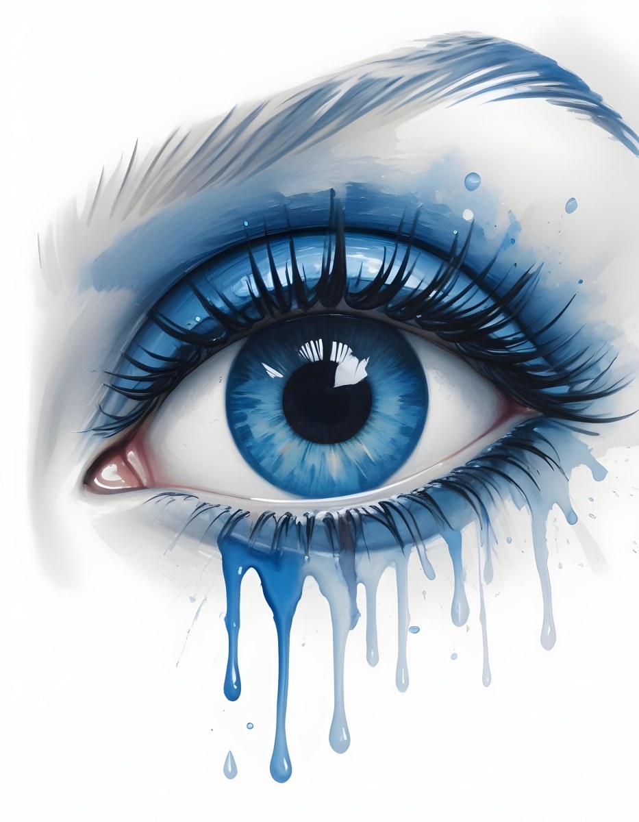 A Close Up Of A Blue Eye With Blue Eyeshadow And Long Lashes With Blue Watercolor Drips Running Down The Face On A White Background 25 92e1