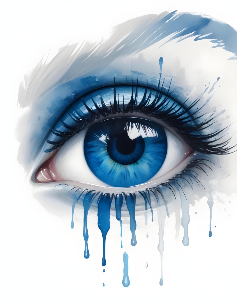 A Close Up Of A Blue Eye With Blue Eyeshadow And Long Lashes With Blue Watercolor Drips Running Down The Face On A White Background 26 B72c