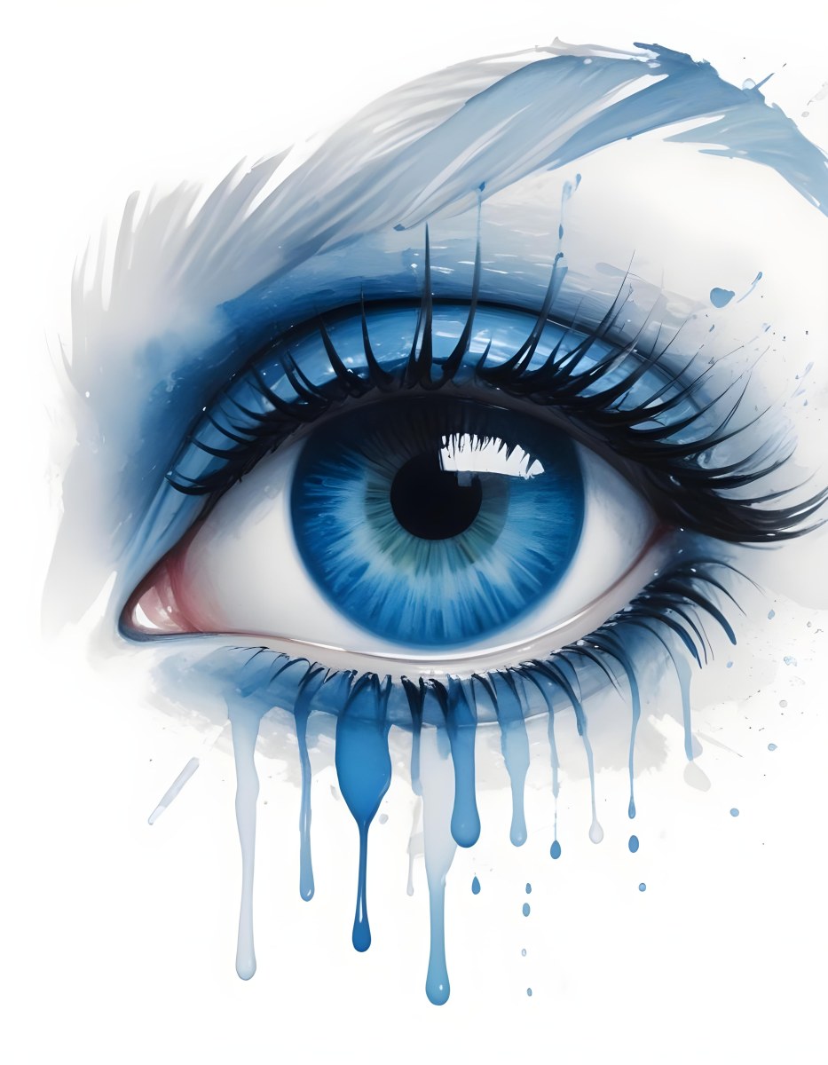 A Close Up Of A Blue Eye With Blue Eyeshadow And Long Lashes With Blue Watercolor Drips Running Down The Face On A White Background 27 Bcf7