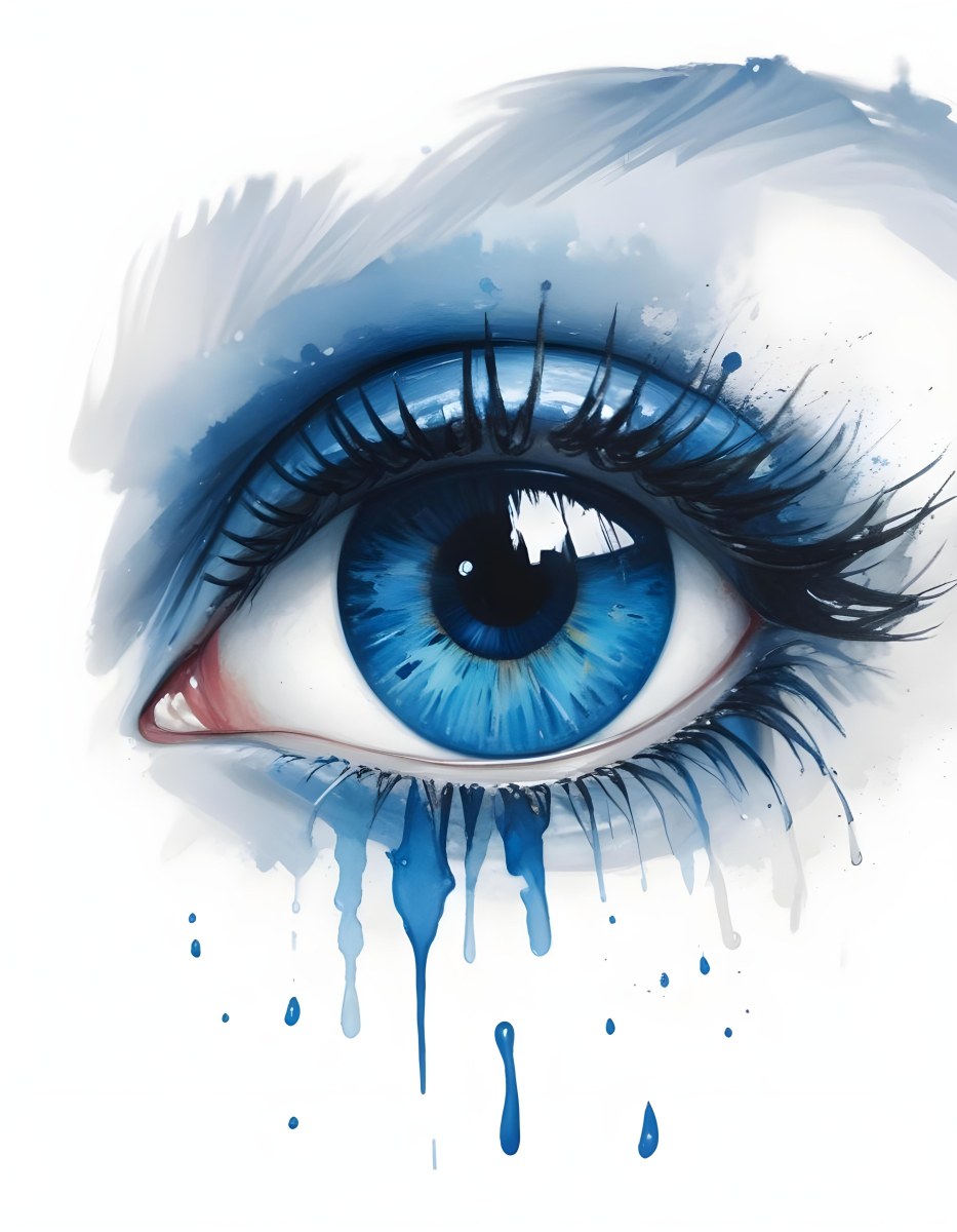 A Close Up Of A Blue Eye With Blue Eyeshadow And Long Lashes With Blue Watercolor Drips Running Down The Face On A White Background 4 C7b9