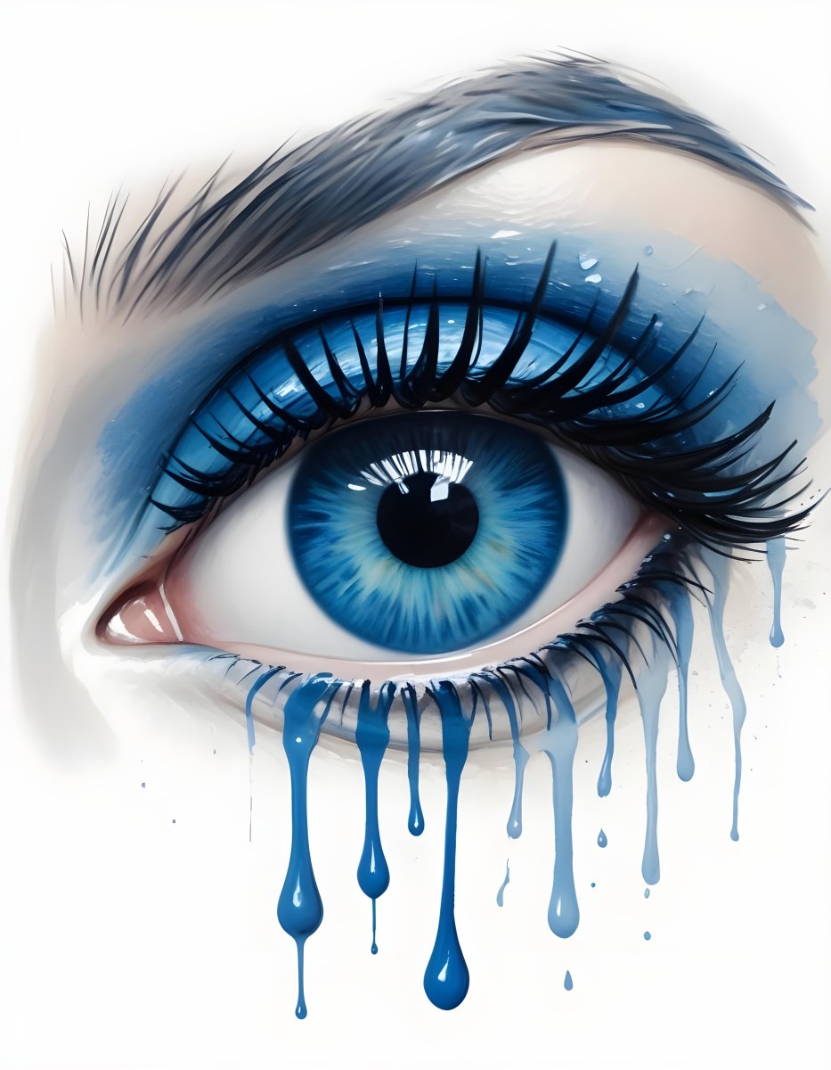 A Close Up Of A Blue Eye With Blue Eyeshadow And Long Lashes With Blue Watercolor Drips Running Down The Face On A White Background 5 1029