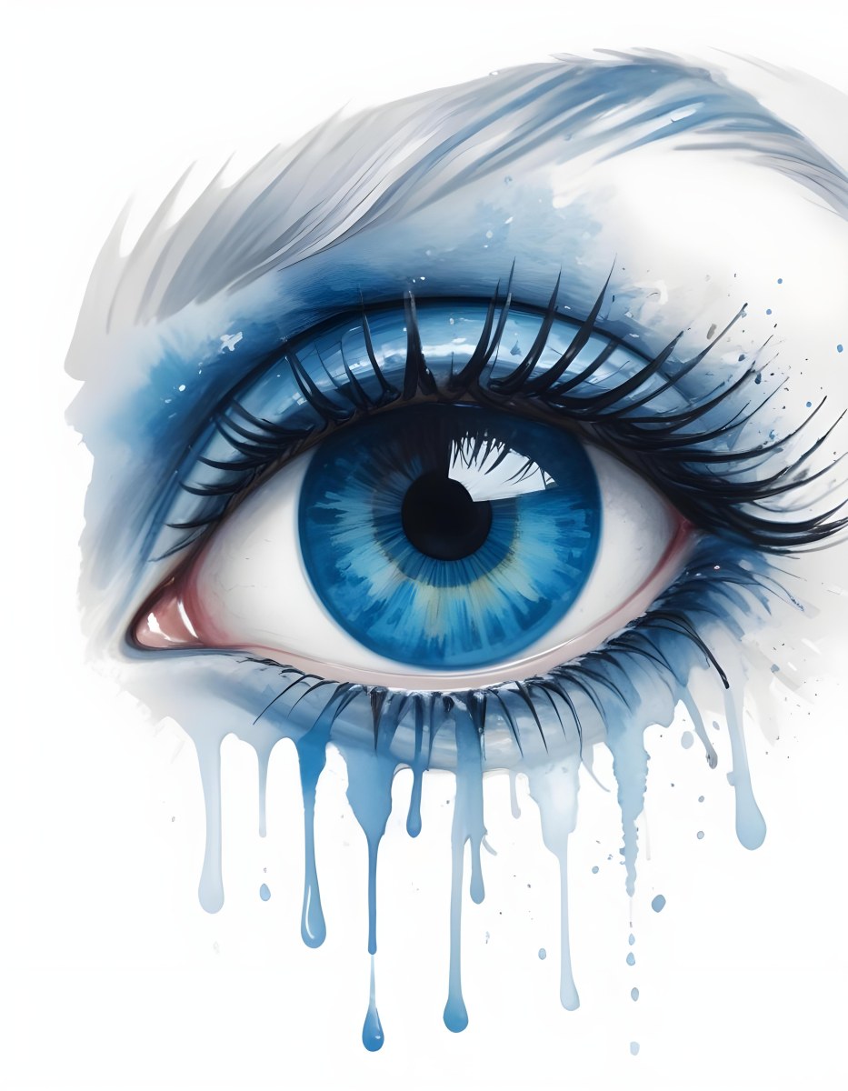 A Close Up Of A Blue Eye With Blue Eyeshadow And Long Lashes With Blue Watercolor Drips Running Down The Face On A White Background 8 9f72