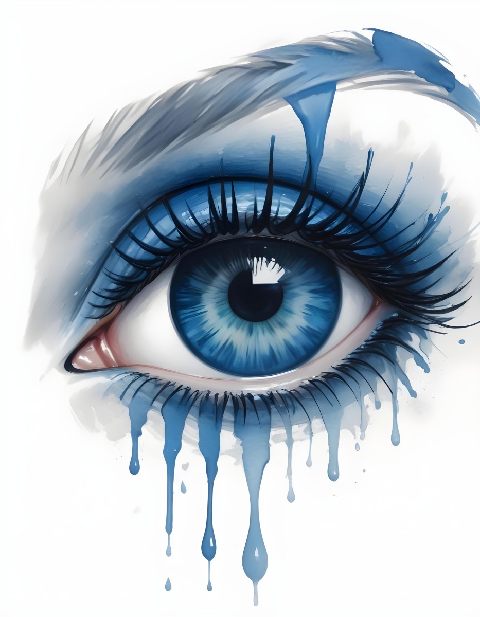 A Close Up Of A Blue Eye With Blue Eyeshadow And Long Lashes With Blue Watercolor Drips Running Down The Face On A White Background 9 Ac77