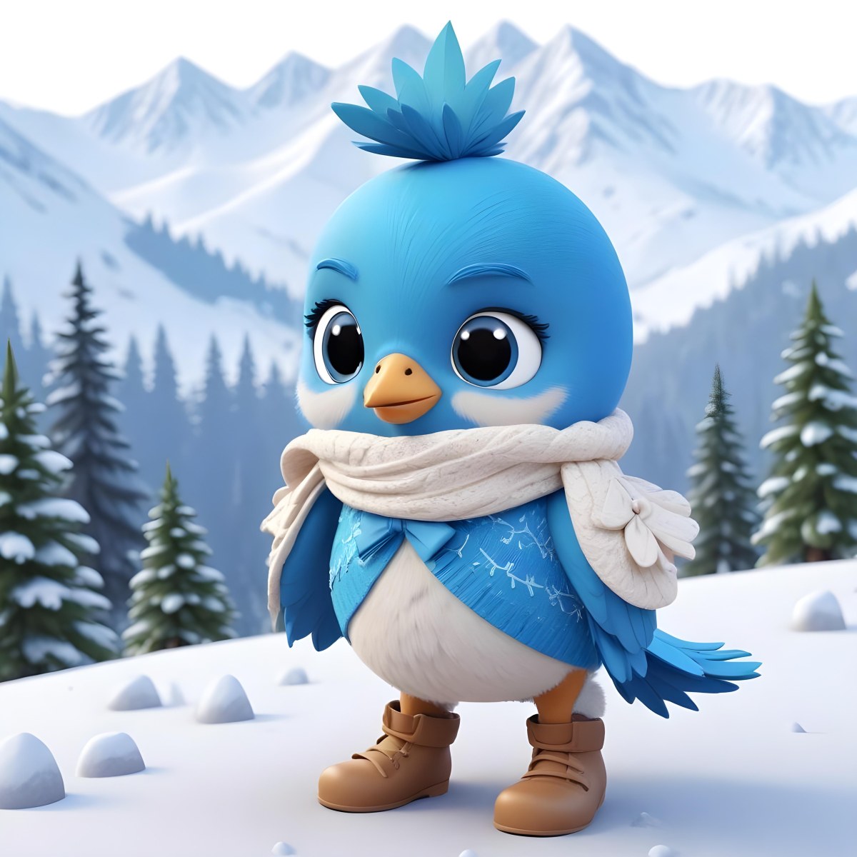 A Cute Blue Bird Wearing A Winter Hat And Scarf Standing In A Snowy Forest Landscape With Mountains In The Background 114 B751