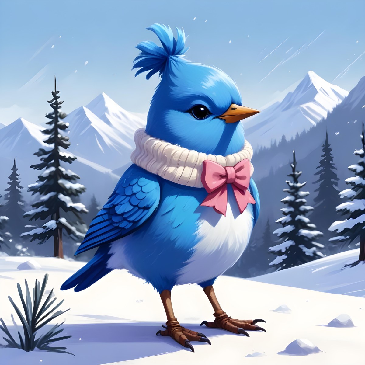 A Cute Blue Bird Wearing A Winter Hat And Scarf Standing In A Snowy Forest Landscape With Mountains In The Background 36 5682