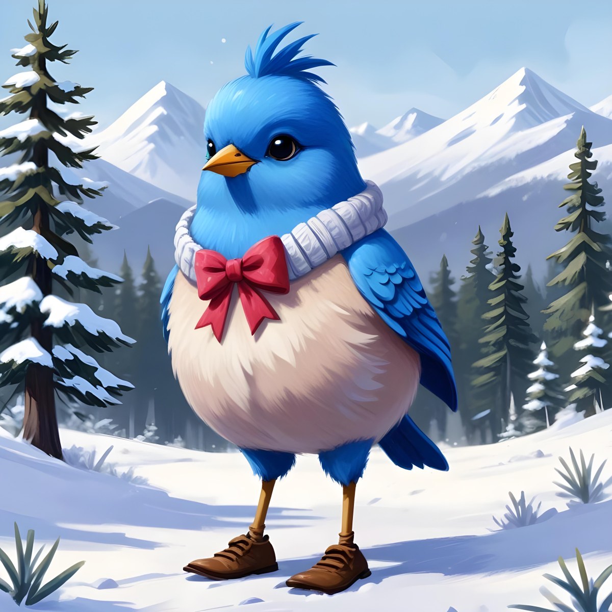 A Cute Blue Bird Wearing A Winter Hat And Scarf Standing In A Snowy Forest Landscape With Mountains In The Background 38 0cf6