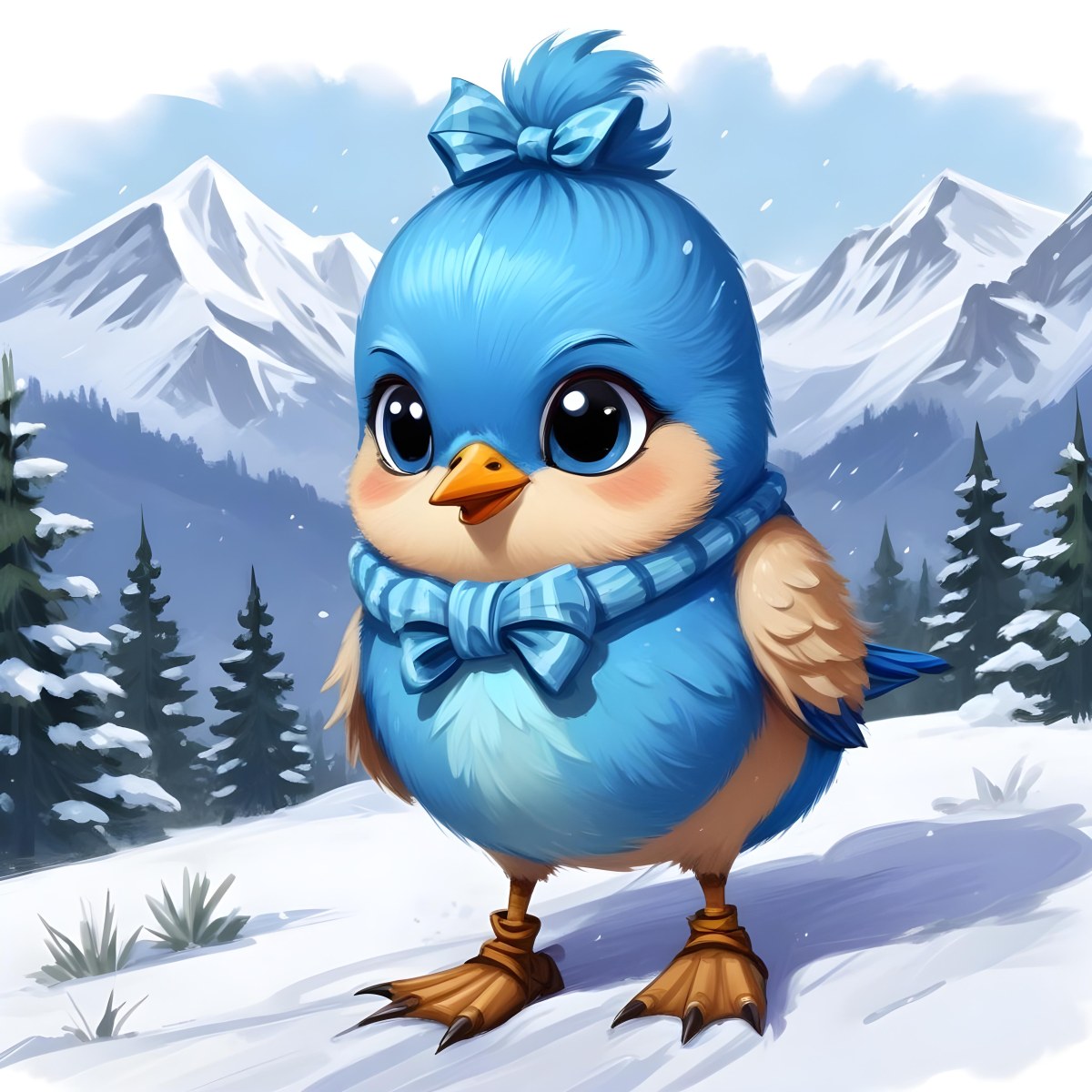 A Cute Blue Bird Wearing A Winter Hat And Scarf Standing In A Snowy Forest Landscape With Mountains In The Background 94 0b16