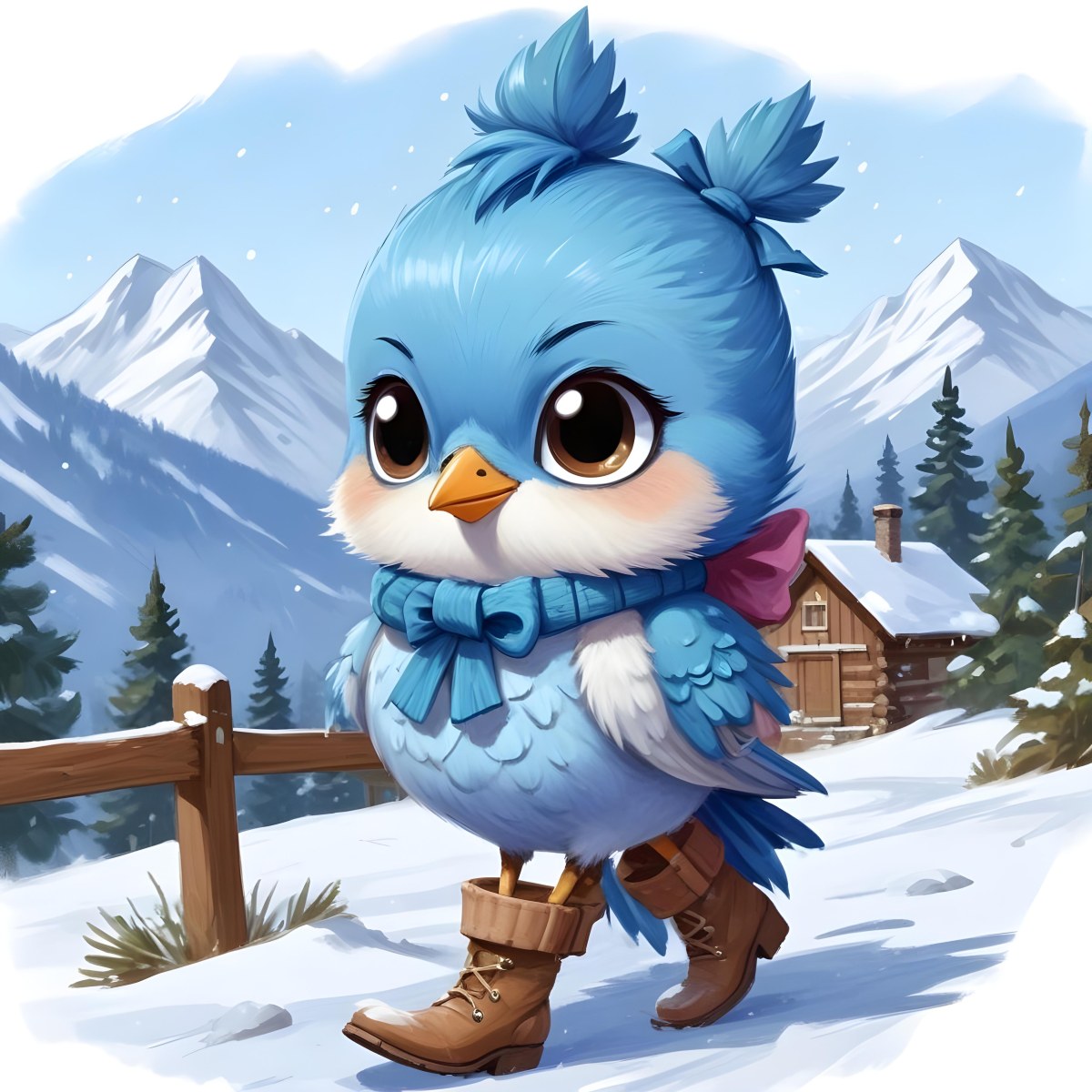 A Cute Blue Bird Wearing A Winter Hat And Scarf Standing In A Snowy Forest Landscape With Mountains In The Background 96 29d4