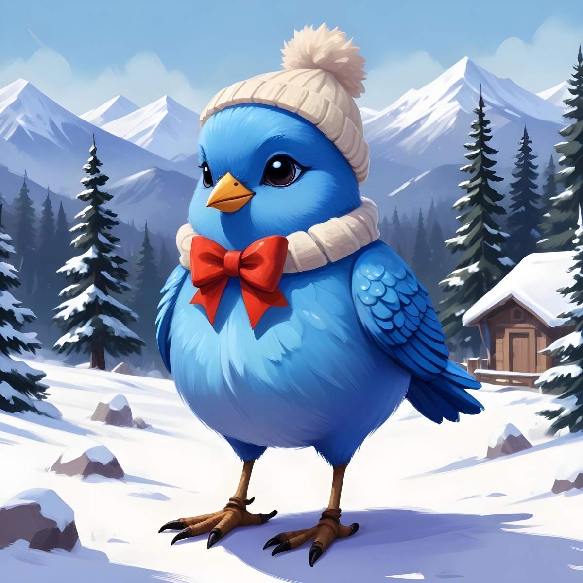 A Cute Blue Bird Wearing A Winter Hat And Scarf Standing In A Snowy Forest Landscape With Mountains In The Background 97 25c9