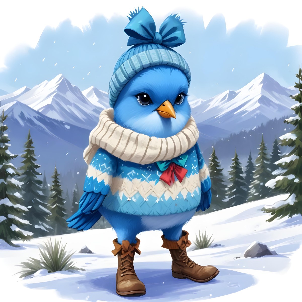 A Cute Blue Bird Wearing A Winter Hat And Scarf Standing In A Snowy Forest Landscape With Mountains In The Background 98 Ceff