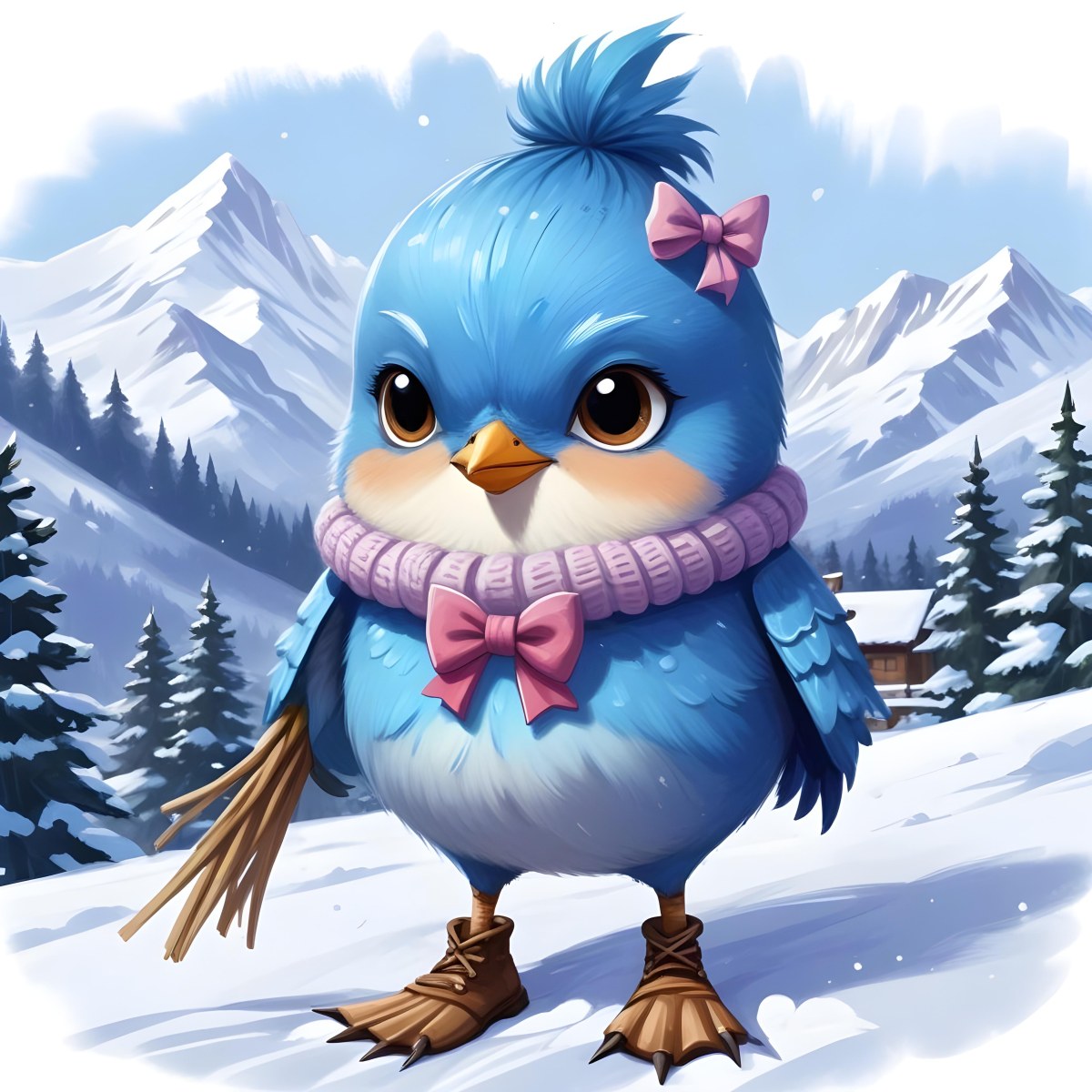 A Cute Blue Bird Wearing A Winter Hat And Scarf Standing In A Snowy Forest Landscape With Mountains In The Background 99 D580