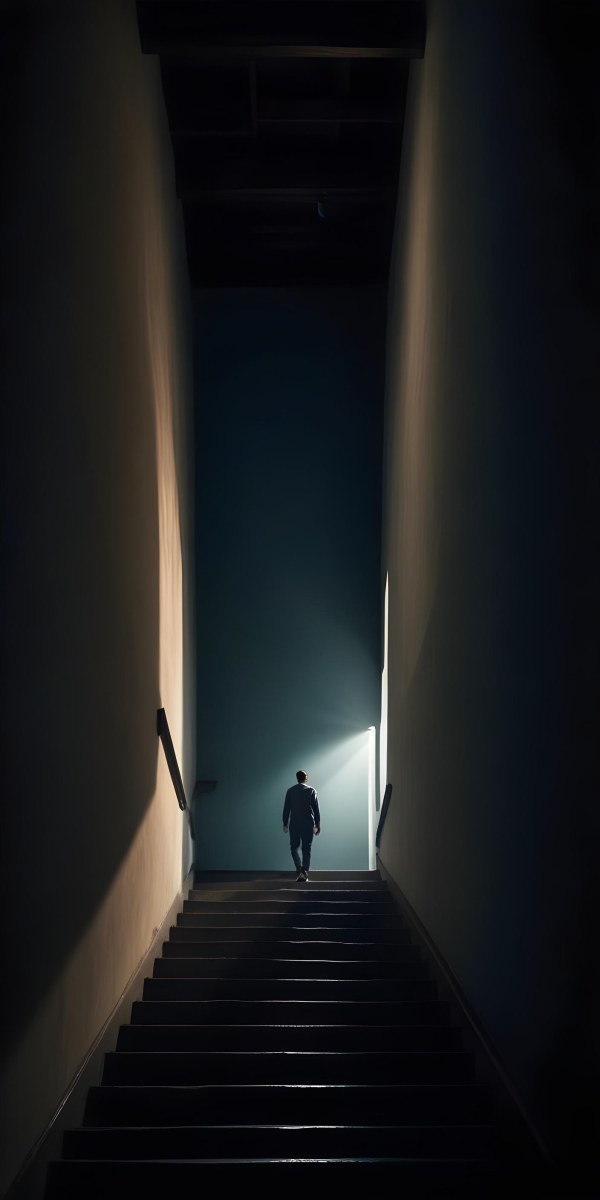 A Lone Person Walking Up A Long Dark Staircase Leading To A Bright Light At The Top In A Dimly Lit Environment 5 Dd9d