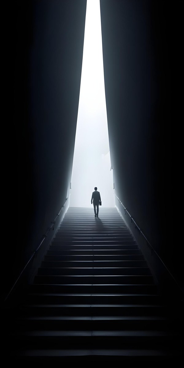 A Lone Person Walking Up A Long Dark Staircase Leading To A Bright Light At The Top In A Dimly Lit Environment 6 8370